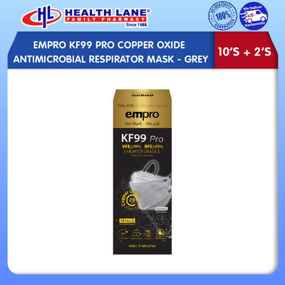 EMPRO KF99 PRO COPPER OXIDE ANTIMIKROB RESPIRATOR MASK (GREY) 10'S